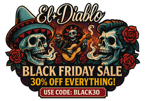 El Diablo Logo - advertising 30% off black friday with stylised sugar skull figures